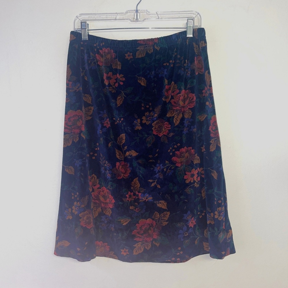 Vintage Cottage Floral Velour Skirt Women Medium Midi Moody Old Money Modest - Picture 1 of 13